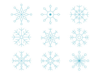 Snowflakes icons set. Snow flake crystals silhouette collection. Happy new year, xmas, Christmas elements. Snow, holiday, cold weather, frost. Winter vector design elements.