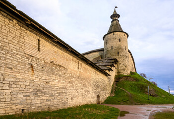 wonderful sunset on the river. Pskov, fortress wall. A beautiful evening.