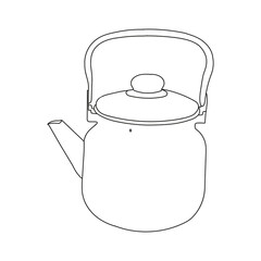 Black hand drawing illustration of a metal kettle with hot water for tea or coffee isolated on a white background