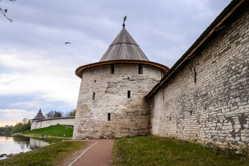 Flat and High towers. Historic site in Pskov. Fortress wall. Pskov Krom. It is a nasty day.
