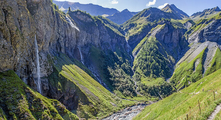 Panorama view of the waterfall areana in the Weisstannental in the Swiss Alps Batoeni near Sargans, St. Gallen