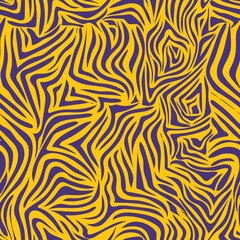 Seamless pattern with purple stripes on a yellow background. Print for modern fabrics, throw pillows, wrapping paper. Tiger striped color. 