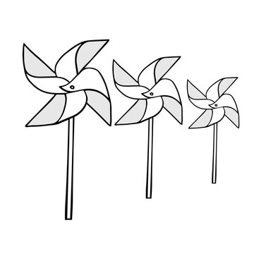 Beautiful hand-drawn black vector illustration of a group gray origami paper toy windmills isolated on a white background for coloring book for children