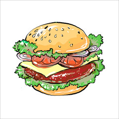 Vector drawing of hamburger with cheese, tomatoes, onion, in cartoon style. Illustration for design fast food menu. Hamburger isolated on white