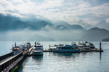 Fototapeta premium The scenery of Sun Moon Lake in the morning, a famous attraction in Taiwan, Asia.
