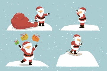 Santa Claus set, different emotions. Santa with a bag of gifts, Santa lost gifts, Santa throws gifts up, Santa goes skiing.