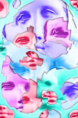 Collage with plaster antique sculpture of human face in a pop art style. Modern creative concept image with ancient statue head. Zine culture. Contemporary art poster. Funky minimalism. Retro design.