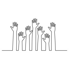 Linear illustration of hands up on white background
