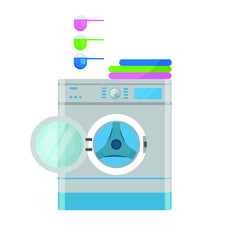 open washing machine on an isolated background in cartoon flat style ,powder spoons