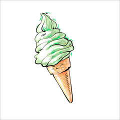 Soft pistachio or mint ice cream. Vector illustration on white background. delicious dessert.
