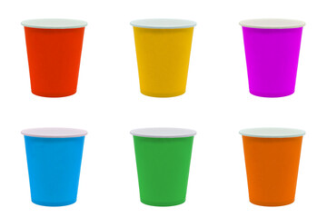 Set of multi-colored disposable paper cups isolated on white background.