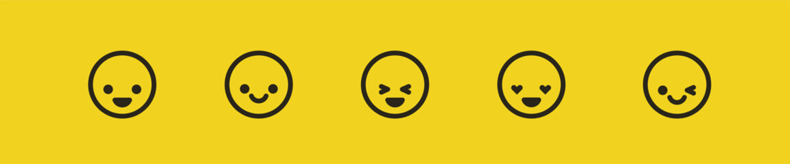 Big set of emoticon smile icons. Cartoon emoji set. Vector emoticon set. Isolated flat emoji for chat and web. Collection of faces with a smile for UI and web design. Linear vector icons on yellow