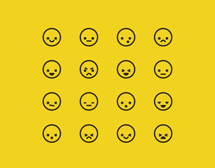 Big set of emoticon smile icons. Cartoon emoji set. Vector emoticon set. Isolated flat emoji for chat and web. Collection of faces with a smile for UI and web design. Linear vector icons on yellow