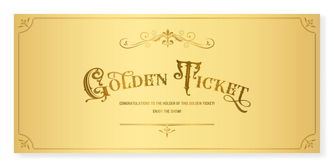 Golden ticket in vintage style. Vector premium ticket template in classic style for any event. Can be used for web and print.