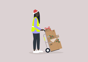Christmas presents delivery, a young female African storage worker wearing a high visibility yellow vest and a red Santa hat