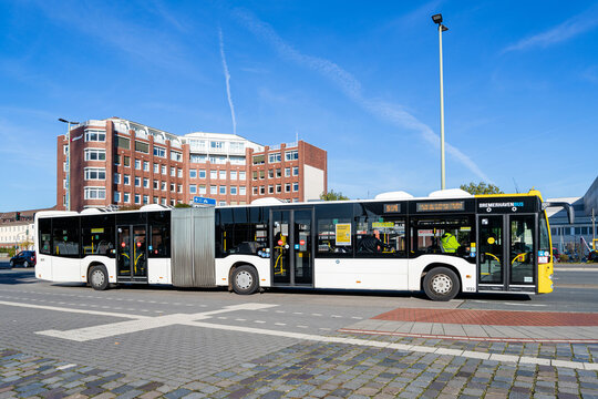 BREMERHAVEN, GERMANY - OCTOBER 28, 2021: BremerhavenBus Mercedes-Benz Citaro articulated bus at holding point Havenwelten