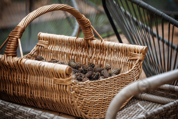 Rattan Basket full of pine cones . Selective focus