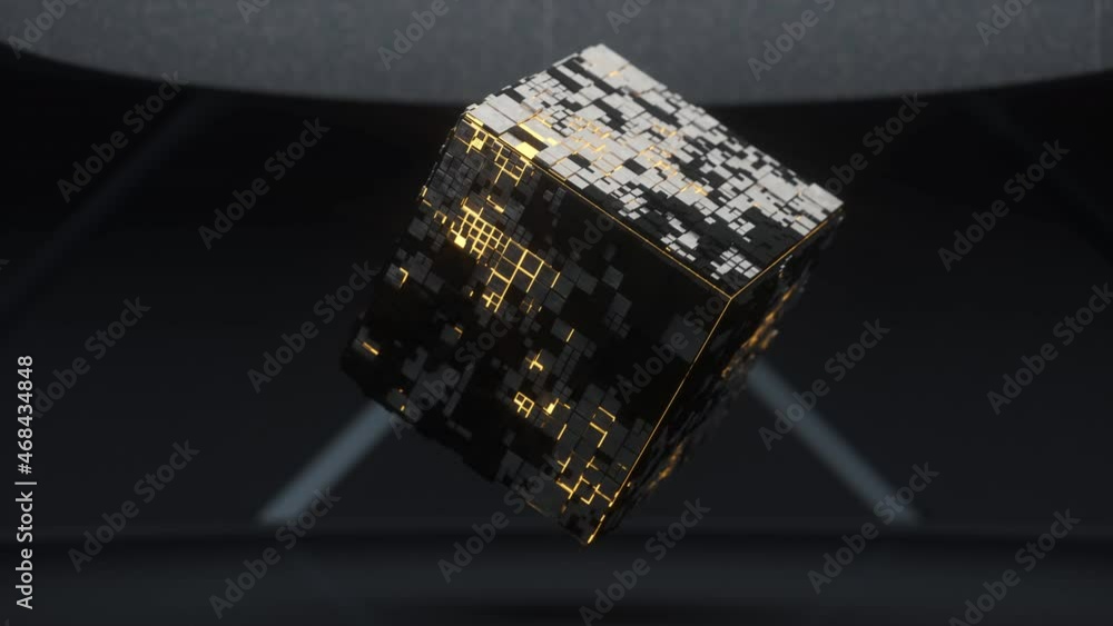 Poster rotating cube and materials, circuits structure, 3d rendering.