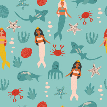 Seamless pattern with creative mermaids with sea animals. Creative undersea childish texture. Great for fabric, textile Vector Illustration