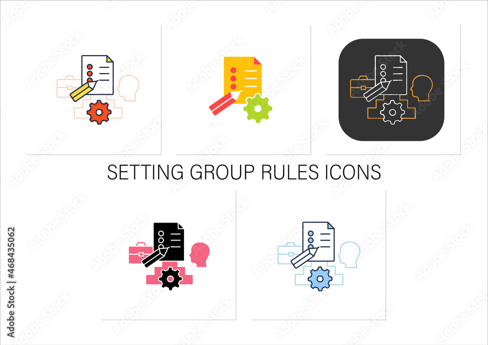 Poster setting group rules icons set.communication reglament.dispute resolution rules.non toxic workplace.c