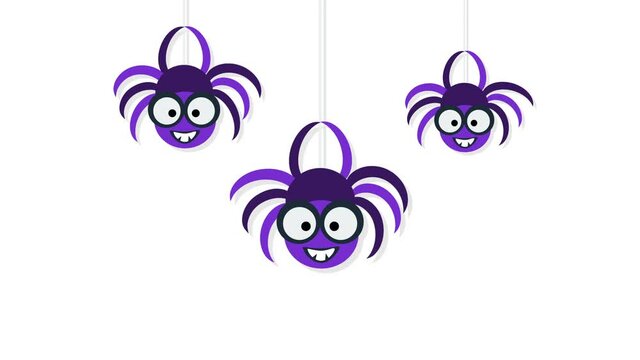 Three hanging cute spiders. Happy Halloween banner or party invitation motion background. Animation for yours presentation. 4K video clip render footage