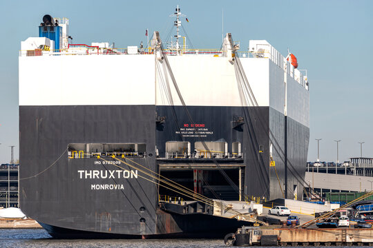 BREMERHAVEN, GERMANY - OCTOBER 28, 2021: pure car and truck carrier THRUXTON being loaded in the port of Bremerhaven