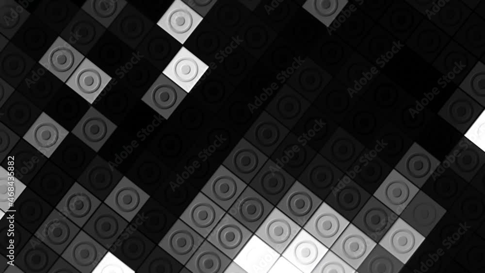 Poster glowing mosaic tiles blinking randomly and rotating. motion. moving monochrome squares with the illu