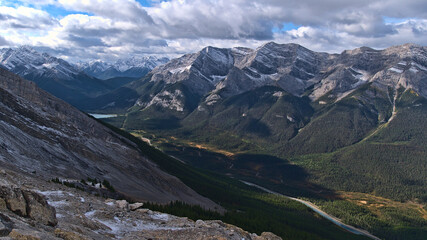 Beautiful view over the Rocky Mountains near Canmore, Alberta, Canada with Spray Lakes Reservoir surrounded by forests and Goat Range.