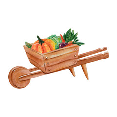 Watercolor composition of wooden wheelbarrow with vegetables. Harvest season tool. For garden party invites, prints, Thanksgiving greeting cards, packaging, fall postcard, stationery, farmers market