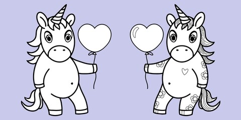 Set of Cute unicorn with balloon, contour drawing and texture drawing, vector