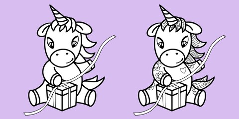 A set of cute unicorn opens a gift, ties a bow on the gift, contour drawing and texture drawing, vector
