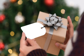 Hand holding mockup christmas greeting tags and gift box for invitation design on christmas tree...