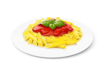 Pasta on plate with ketchup. Macaroni. Basil leaf. Traditional italian food. Isolated on white background. Eps10 vector illustration.