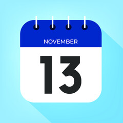 November day 13. Number thirteen on a white paper with dark blue color border on a clear blue background vector.