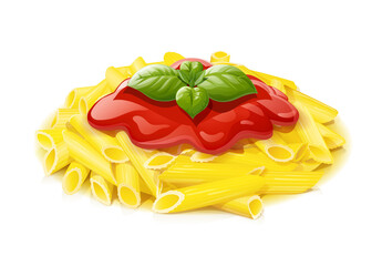 Pasta with ketchup. Macaroni. Basil leaf. Traditional italian food. Isolated on white background. Eps10 vector illustration.