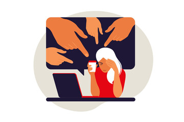 Cyber bullying concept. Opinion and the pressure of society. Shame. Hands of people point to the girl. Non-confident woman. Vector. Flat