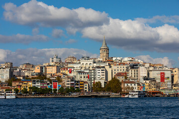 Fototapeta na wymiar The Galata tower and the old quarters of Istanbul on the background of blue sky. Tourist destination Istanbul Turkey