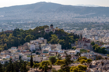 Panoramic view to the old National Observatory of Athens city, Greece on top of the Nymphs' Hill in...
