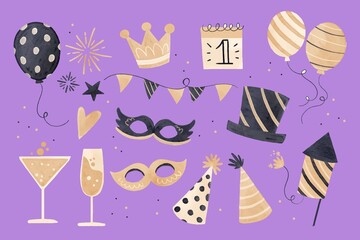 watercolor new year party element collection vector design illustration