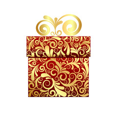 Christmas card - red gift box with gold ornament.