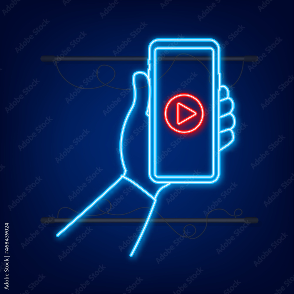 Poster Video smartphone, great design for any purposes. Live video streaming. Web design. Digital device neon. Vector stock illustration