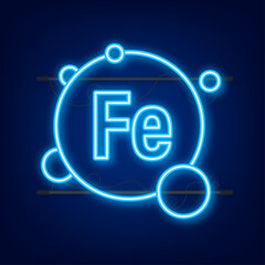 Mineral Fe Ferum blue shining pill capsule neon icon. Vector stock illustration.