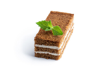 Portion of delicious chocolate cake isolated on white