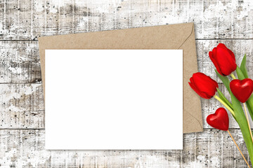Paper letter card mockup red hearts tulip flowers
