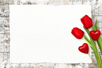 White paper mockup. Holidays background red tulip flowers