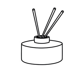 Vector illustration. Diffuser with chopsticks. Fragrances at home, for living room, bathroom. Legend, a simple drawing of a jar. Spreading a pleasant scent.