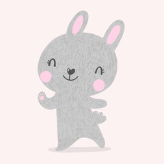 Cute Baby Rabbit waving and smiling. Hand drawn adorable cartoon character with big eyes and fur. Vector bunny on pastel pink background for stickers design, greeting card, mascot, nursery decoration.