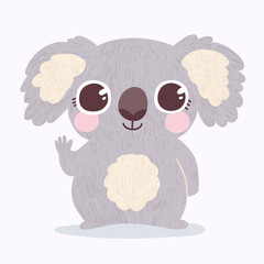 Cute Baby Koala waving and smiling. Hand drawn adorable cartoon character with big eyes and fur. Vector on pastel pink background for animal stickers design, greeting card, mascot, nursery decoration.