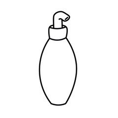 Vector illustration. Dispenser symbol for hygiene product. Transparent bottle for liquid with a pump. Simple spine in black outline on a white background. The oval shape of the vessel.