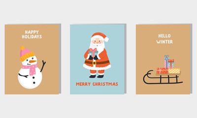 Vector Christmas greeting card, flyer, banner, poster templates with cute characters. Printable greeting cards illustration. Design for Christmas and New Year.